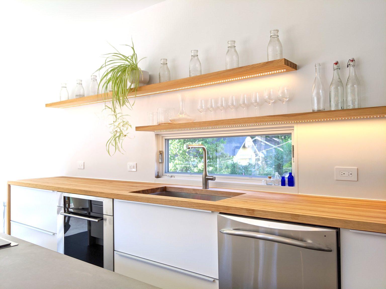 Kitchen Shelves light bright white wood calm serene clean