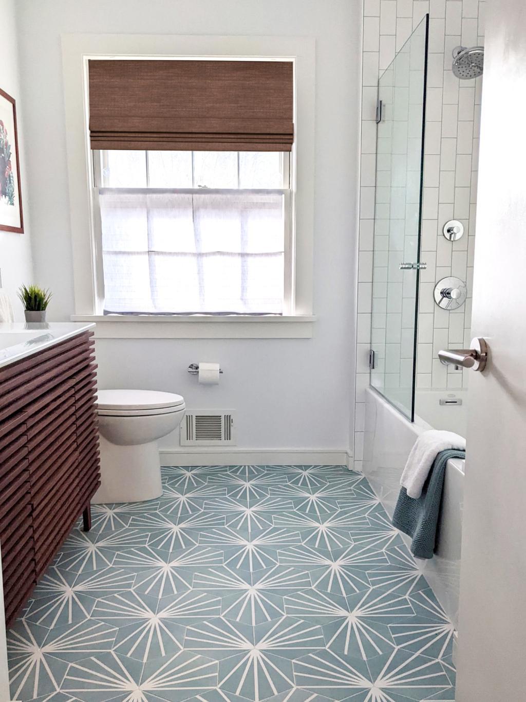 MCM bathroom with acacia wood vanity and vertical white brick subway tile pattern backsplash