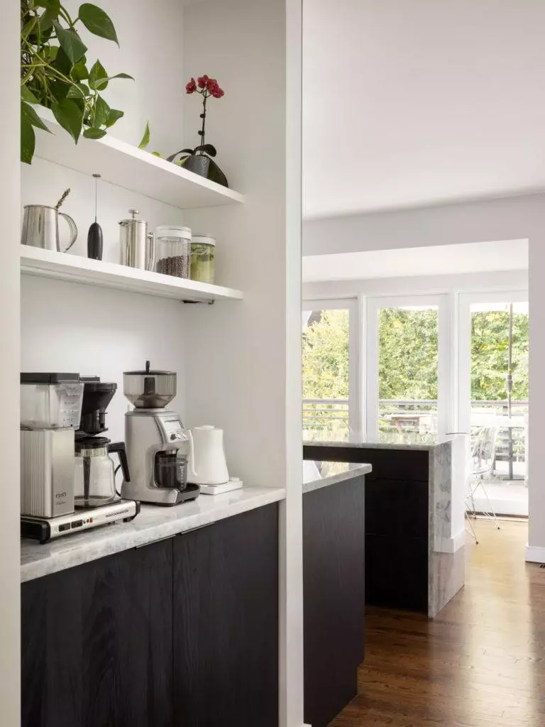 coffee station ethereal kitchen black white cabinets, window wall